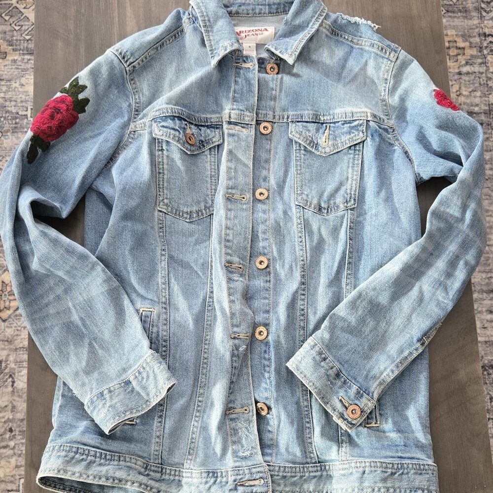 Women's Arizona Jeans Denim Jacket with Rose Embroidery - Size M